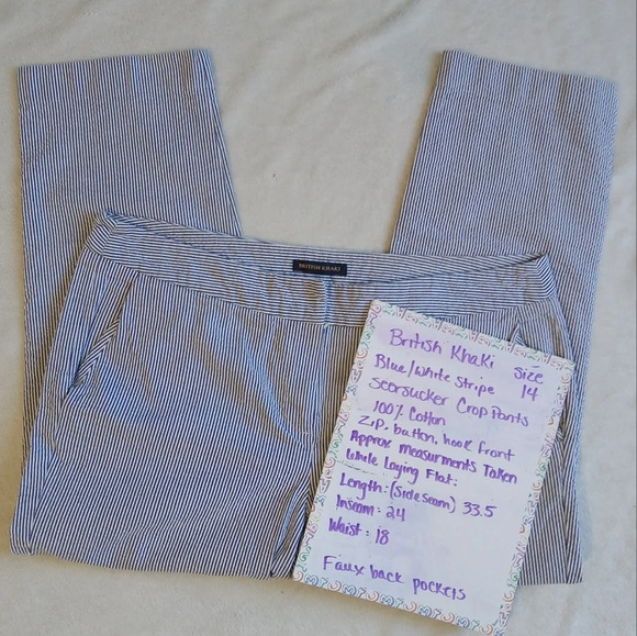British Khaki Blue & White Stripe Seersucker Crop Pants size 14 - Picture 4 of 6